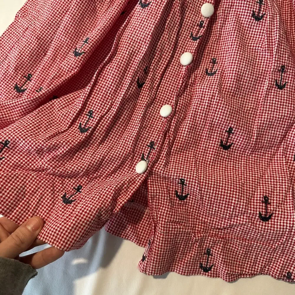 Vintage 90s Funtasia! Too Dallas Embroidered Red Gingham Anchor Sailor Dress S 4